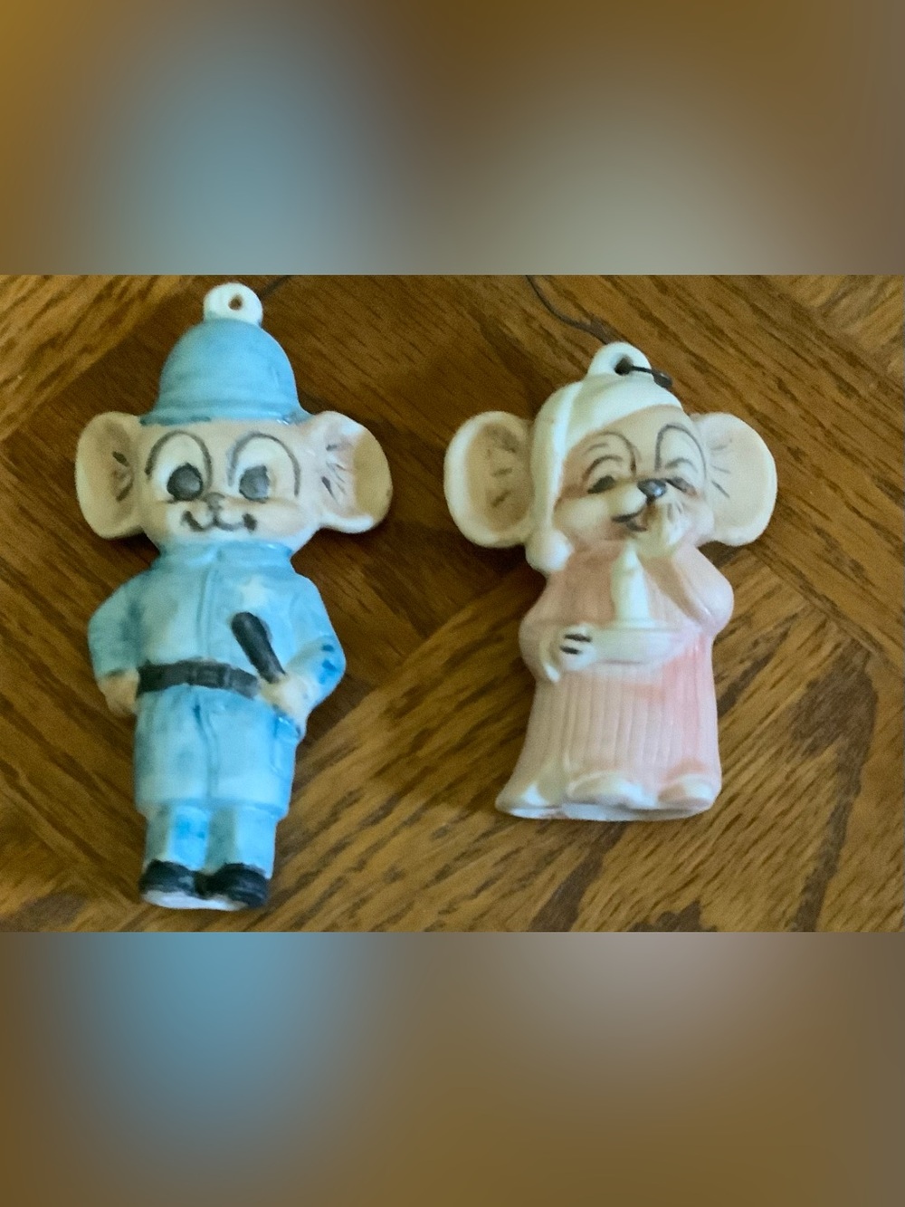 Ceramic Mouse Ornament Set of 2 in. vintage police man sleepy girl